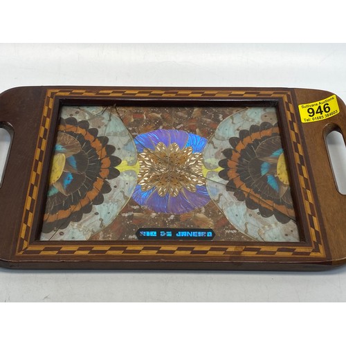 946 - Brazilian butterfly blue iridescent wing art wood inlay tray; 36cm x 22cm.