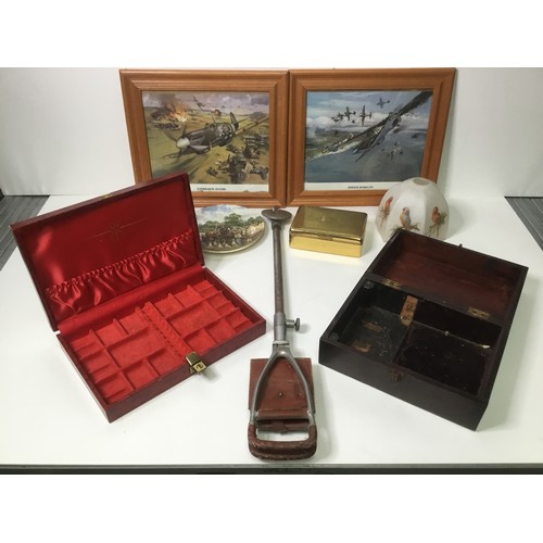 517 - Various items including two fighter plane pictures, shooting stick and jewellery box