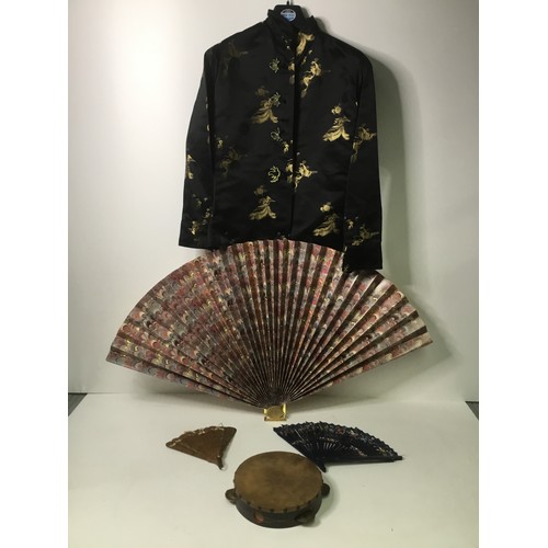 515 - Selection of Chinese items including fans, jacket and a vintage tambourine