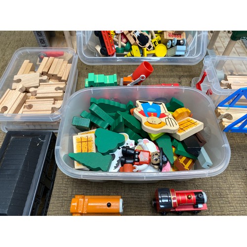 19 - Large selection of wooden railway including: trains and track.