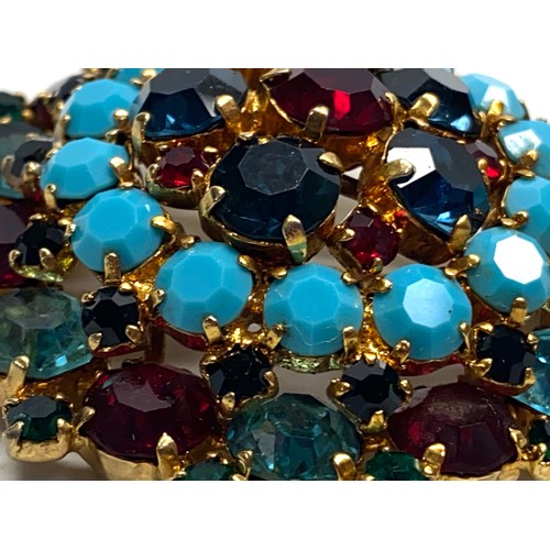 608 - Stunning 1950 brooch with semi-precious stones including red rhinestone and turquoise. 5.5cm.