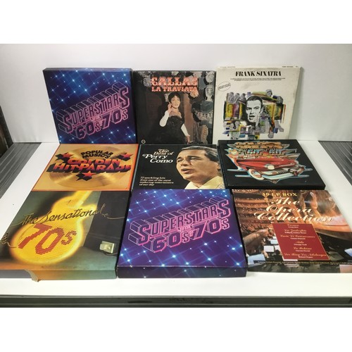 453 - Nine box sets of vinyl records featuring hits from the 50’s, 60’s and 70’s