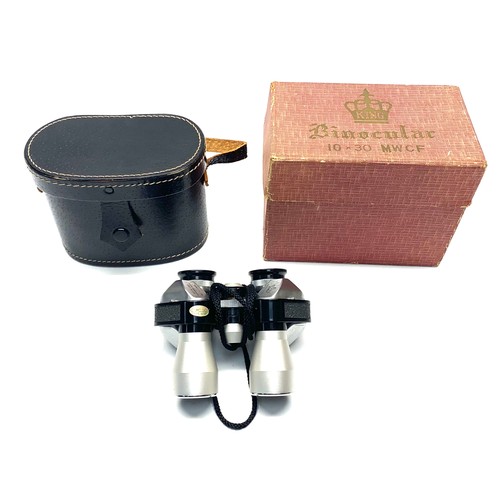 673 - Binoculars - King coated optics 10 x 30 extra wide angle 7.5 degrees in leather case.