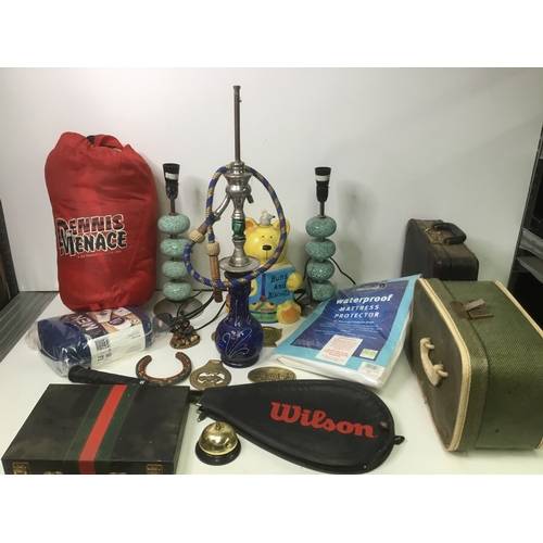 342 - Large amount of mixed items including a hookah pipe, leather case and cookie jar