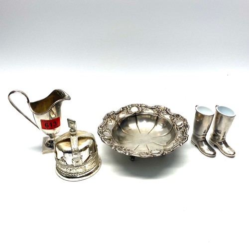 613 - Collection of silver plate items including: mini boots and a jug.