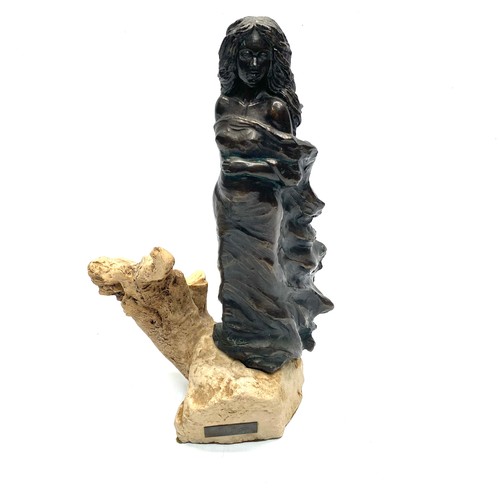 641 - Beautiful bronze Carosa Disseny sculpture of a lady on a rock; 34cm tall.