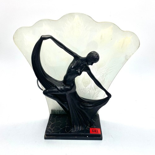 643 - Art Deco style Peacock Frosted glass dancer Lady resin lamp; 44cm tall.