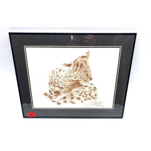 648 - Gorgeous framed penciling of a Serval Cat by D. Alexander 2003.