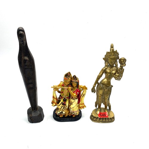 649 - 3 collectible statues and figures including: hand carved tribal lady and a heavy brass figure of an ... 