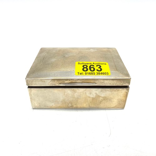 863 - Silver cigarette box , 11cm wide and 4cm high with hall marks for Chester.