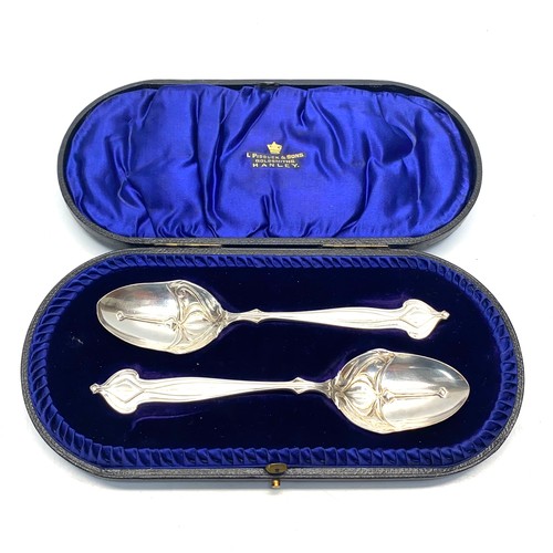 883 - Pair of Art Nouveau sterling silver table spoons in original box, Hallmarked, Sheffield, 1903, by Ho... 