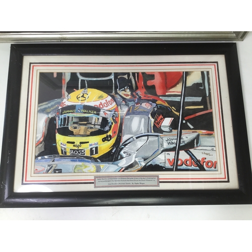 749 - Two Lewis Hamilton paintings by S Morgan of Bridgend largest 77cm x 64cm