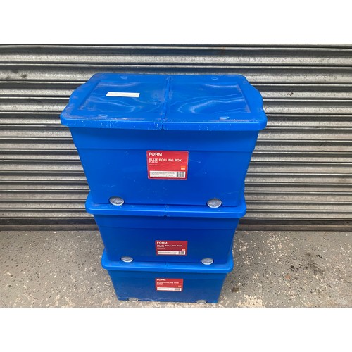 144 - 3 form blue rolling plastic boxes complete with lids.