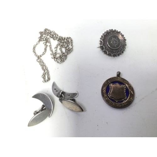 893 - Silver fob, brooch, necklace and cuff links