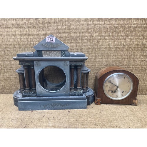 493 - 1 heavy marble mantle clock case (for restoration) and a vintage mantle clock.