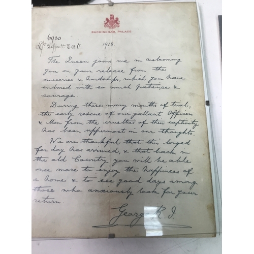 770 - WW2 military cross citation, letter from King George V dated 1918, brass bed plate and other militar... 