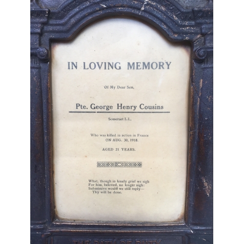 1084 - Memorial plaque to private George Henry Cousins dated 1918 21 years old