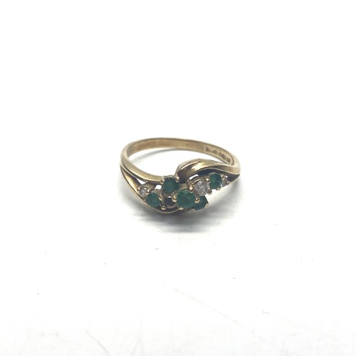 948 - 9ct gold ring with diamonds and emeralds cluster (one stone missing) 2.5g and size P.