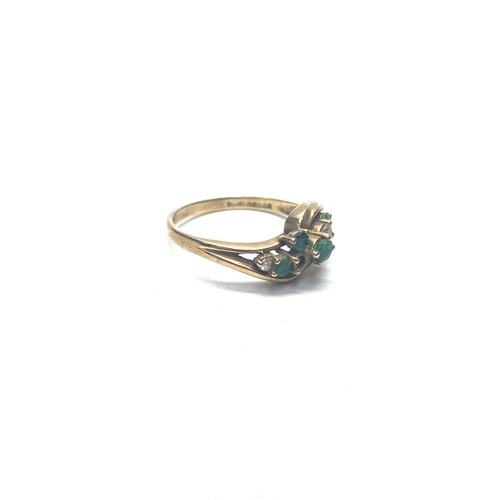 948 - 9ct gold ring with diamonds and emeralds cluster (one stone missing) 2.5g and size P.