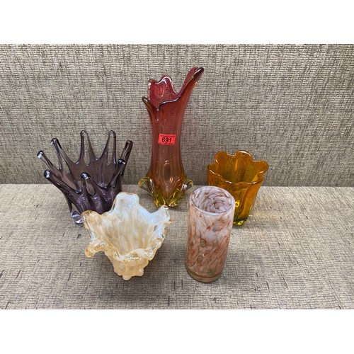 691 - collection of art glass including a murano amber & ruby vase, czech hand blown finger vase and a Ita... 