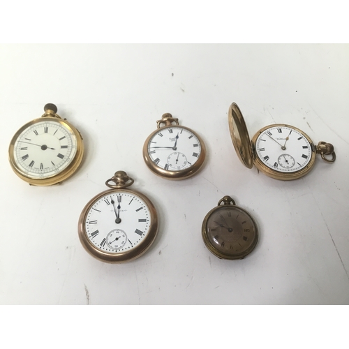 964 - Five gold plated pocket watches including Waltham and Elgin