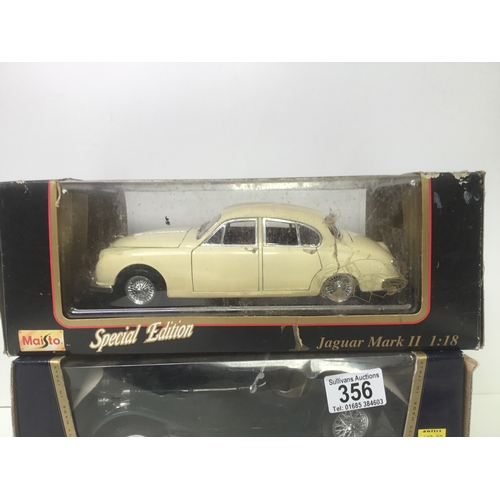 356 - Three boxed model cars by Burago and Maisto Jaguar SS 100 and Mk2