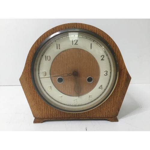 602 - Lovely 1930’s cross-cut walnut Smiths dome top mantle clock