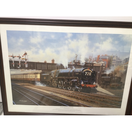 8 - Five framed prints including two Eric Bottomley train prints one signed in pencil to the margin