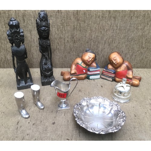 603 - Asian-styled bookends, figures, and silver plate items.