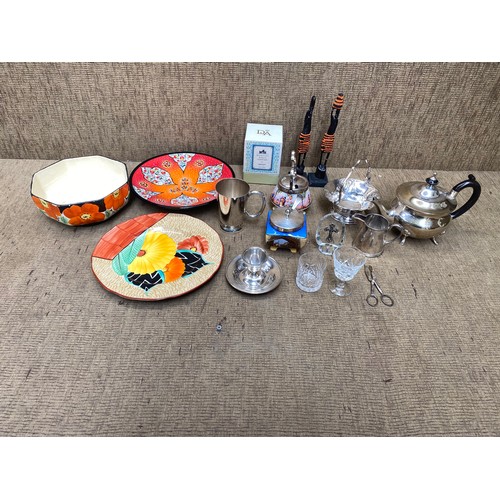 33 - Collection of mixed items including: Silver Plate teapot, Crown Derby plate and downton Abbey scente... 