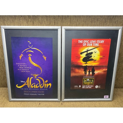 431 - 2 framed theatre posters including miss saigon and Aladdin.