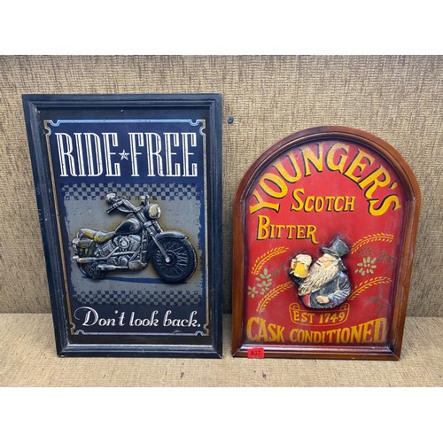 637 - 2 hand carved wooden advisitsing plaques including youngers scotch bitter and ride free biker.