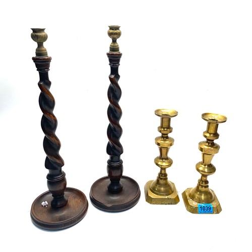 1039 - 2 pairs of candle sticks including brass and barley twist wooden.