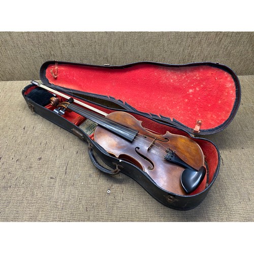 439 - violin with bow and case, wax.