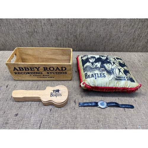 440 - beatles memorabilia including pillow, watch and a box.