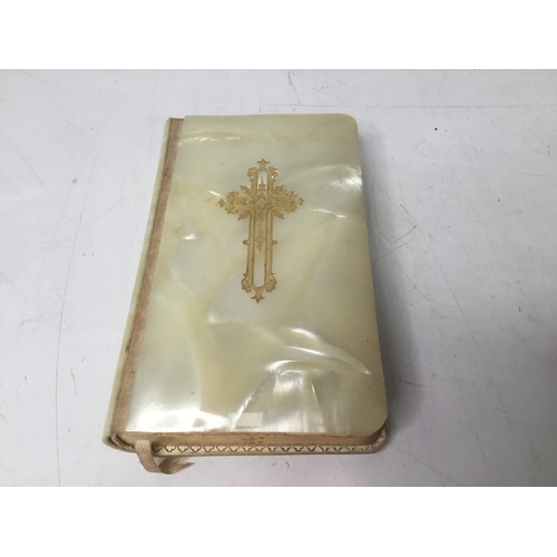 657 - Beautiful gold leaf inlaid bible encased with mother of pearl