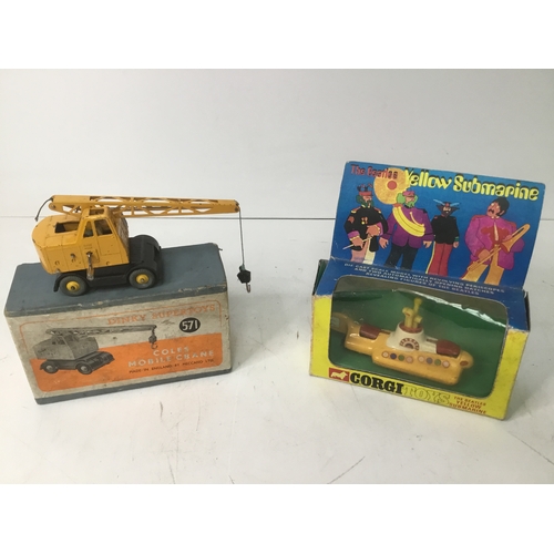 659 - Coles mobile crane by Dinky and The Beatles yellow submarine by Corgi