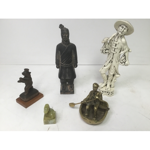 435 - Mixed collectibles including a heavy brass man in a boat, Terracotta Army figurine and a soapstone s... 