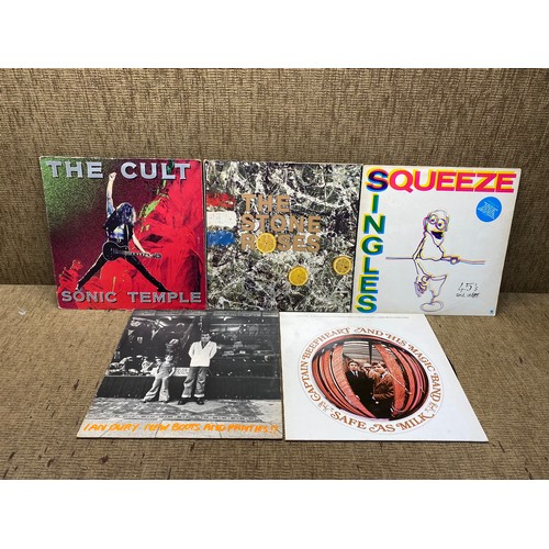 674 - Collection of vinyl LP records including: The Cult, Stone Roses and Squeeze.