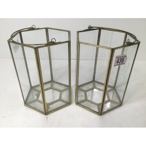 436 - Two brass and glass terrarium lantern candle holders