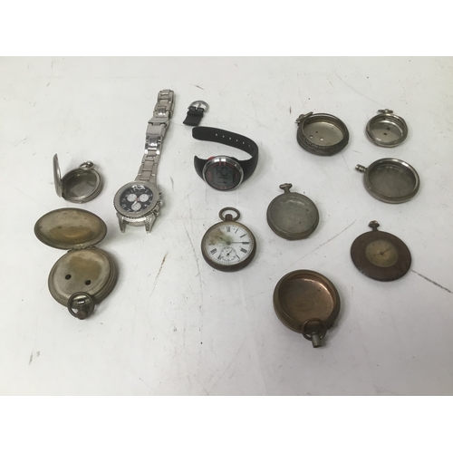 437 - A selection of watch parts including pocket watch cases and two wristwatches