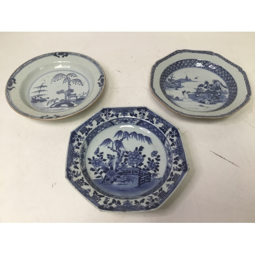 705 - Chinese porcelain octagonal bowl with tree and fence pattern and two others