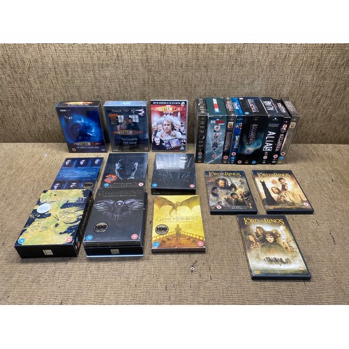 1055 - Collection of DVD box sets including: Dr. Who, Game Of Thrones, Battlestar Galactica and The Lord Of... 