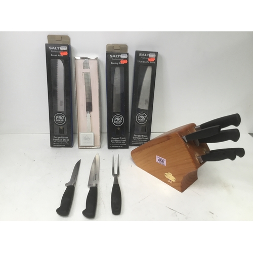 458 - A collection of Salter professional knives made from German steel including a wooden knife block ( o... 