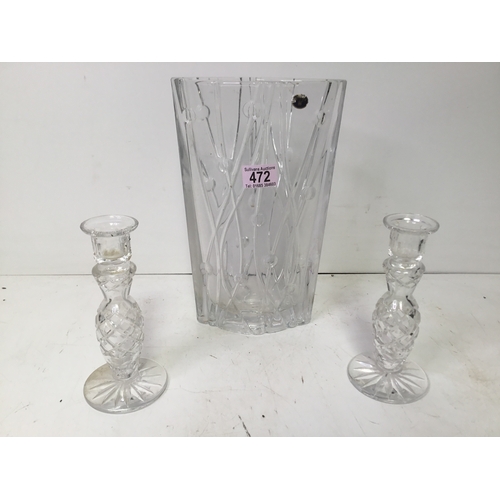 472 - Bohemian crystal vase and a pair of glass candlesticks