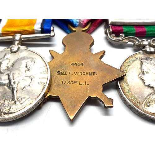 919 - Medals awarded to: 4454 A W O CL2 Pte/Sgt F Vincent 1st Battalion Somerset Light Infantry. Including... 