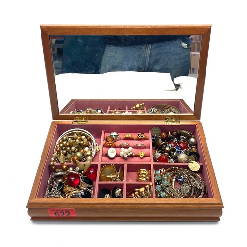 622 - Wooden jewellery box with costume jewellery including bracelets and rings