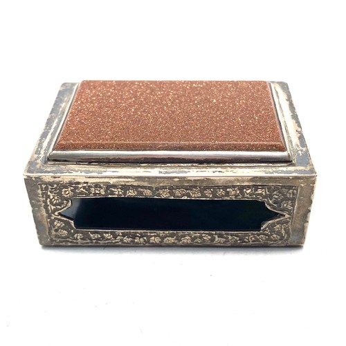 858 - Stunning middle eastern engraved silver match box holder with a mounted polished goldstone (NHMMYOMU... 