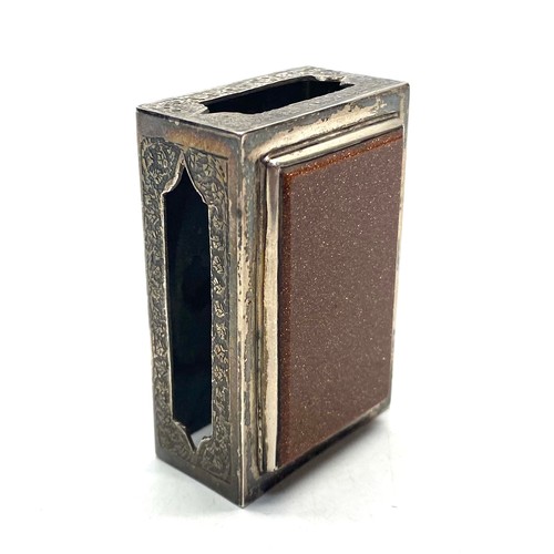 858 - Stunning middle eastern engraved silver match box holder with a mounted polished goldstone (NHMMYOMU... 