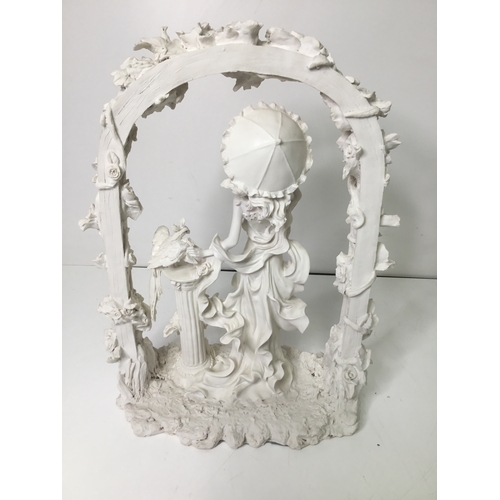 711 - Beautiful carved sculpture of a lady with umbrella under an arch with bird on a plinth